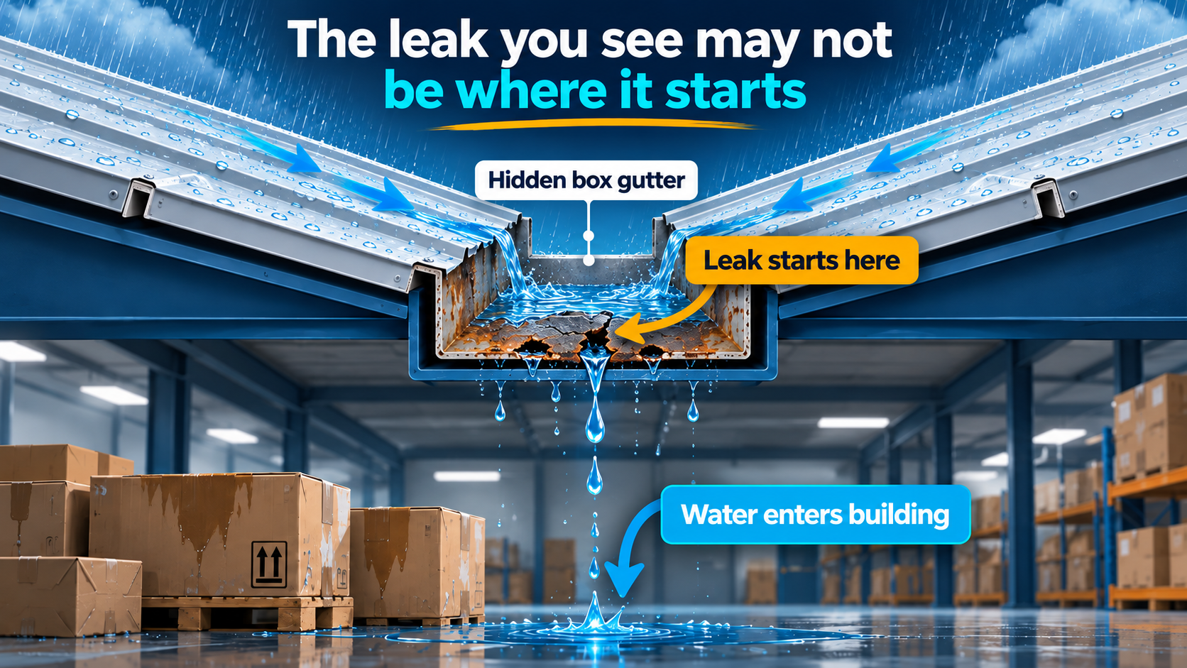 Hidden commercial box gutter leaking through rust holes into the building below.